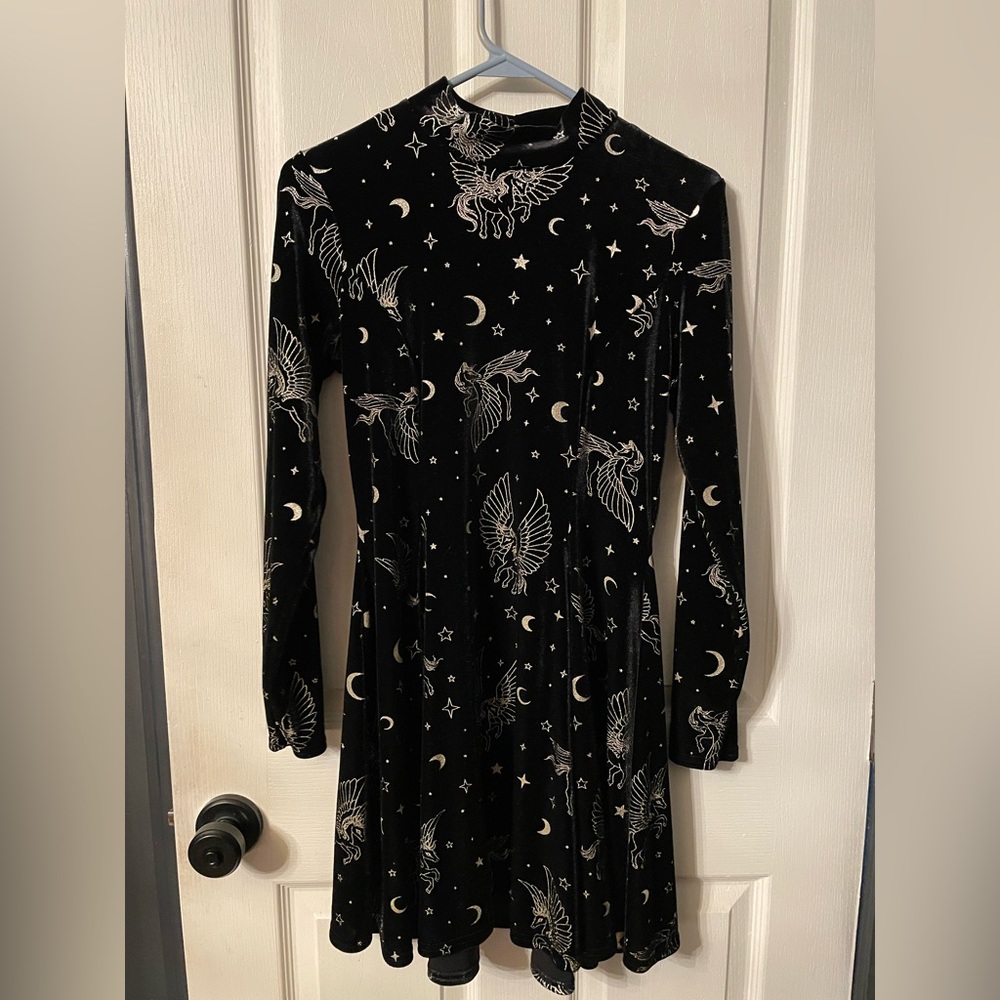 Blackmilk Pegasus In The Sky Velvet Long Sleeve Evil Mini Skater Dress - Limited